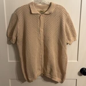 Sandstone Cardigan Sweater Sz M Beige Open Knit Short Sleeve Button Collared